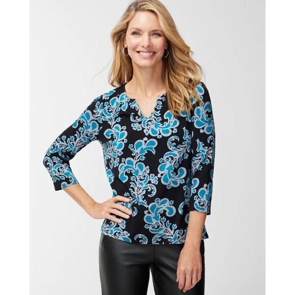 ✨Chicos Lace Jacquard Pleated Notch-Neck Sz 1 Top✨ - Picture 1 of 8